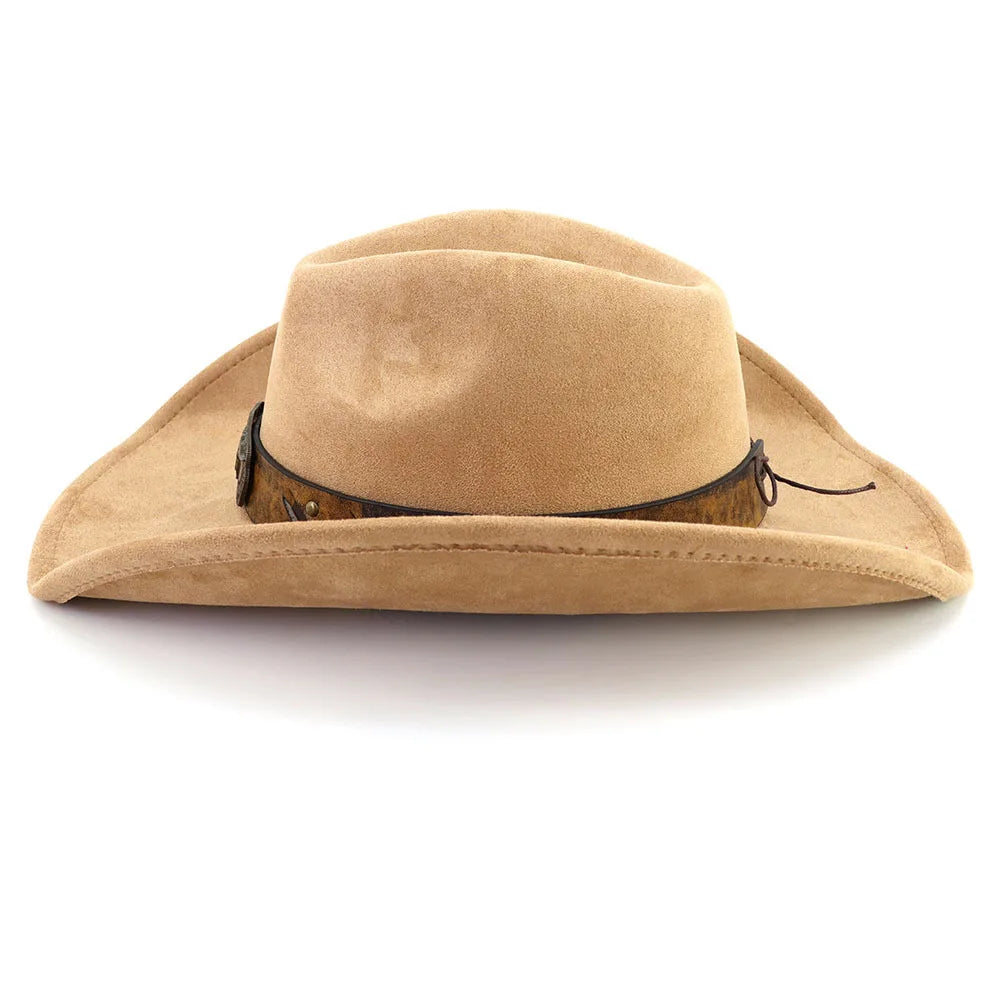 Leather Band Suede Cowboy Hat Big Brim Bull's Head — Brown | KIMLUD