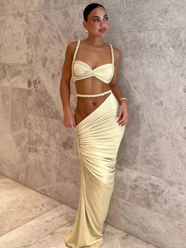 Two Piece Set – Crop Top And Ruched Bodycon Skirt – Polyester | KIMLUD