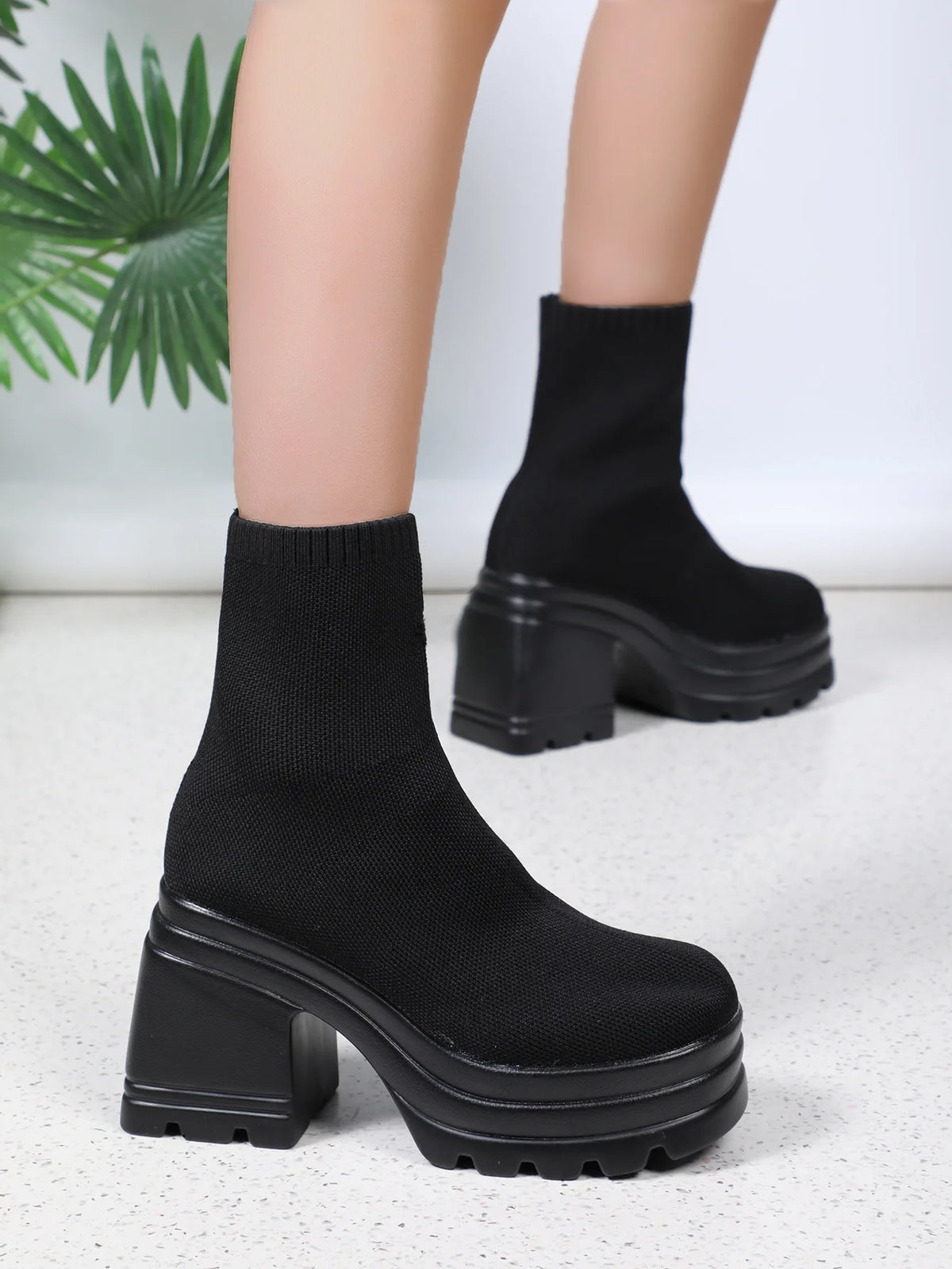 Ankle Boots – Platform Elastic Sock Boot – Patent Leather – Black | KIMLUD