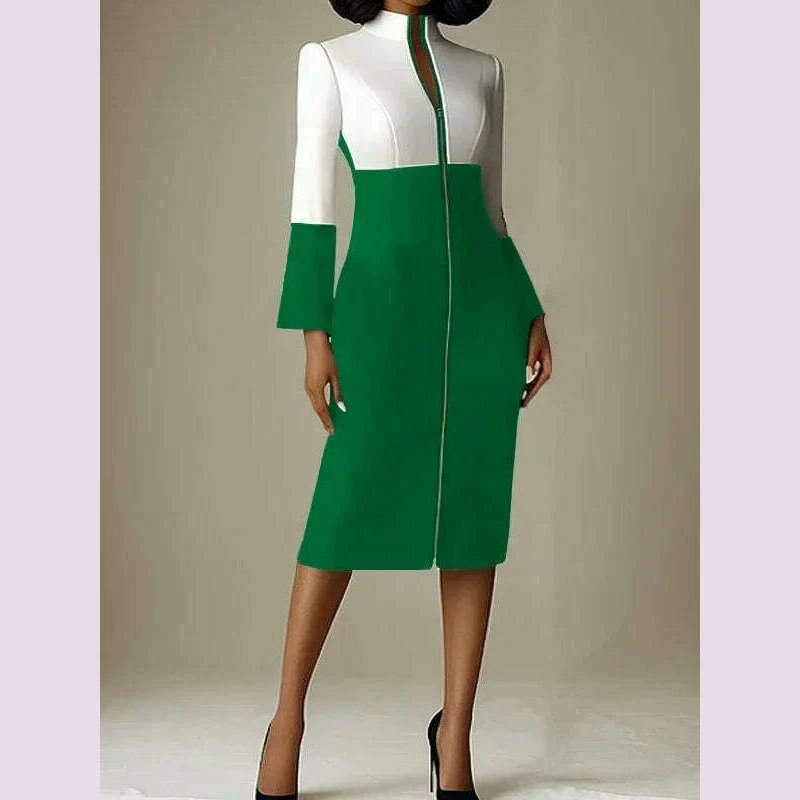 krisstar-2025-new-womens-bodycon-dresses-contrast-color-v-neck-with-zipper-long-sleeves-formal-occasion-office-midi-dresses-kimlud-kimlud-33912066