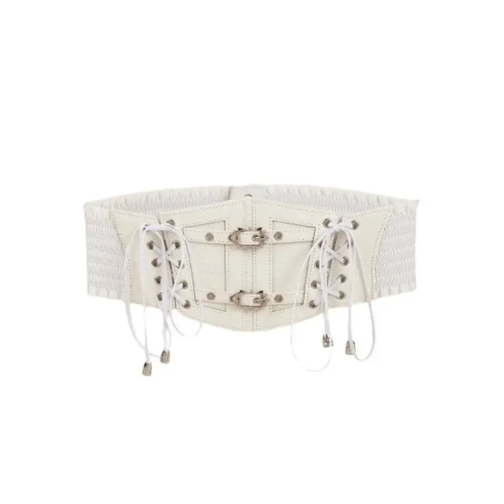 Retro Wide Belt PU Stretch Cummerbunds Belts — Brown White | KIMLUD