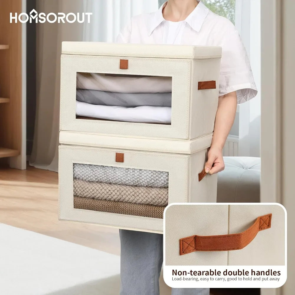 Fabric Storage Bins With Handles And Window — Beige | KIMLUD
