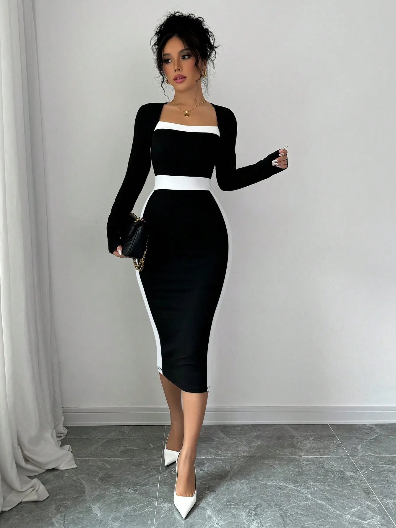 Autumn Winter Sweater Dress for Women 2024 New Arrivals Square Neck High Waist Long Knitted Dress Korean Maxi Dresses - KIMLUD
