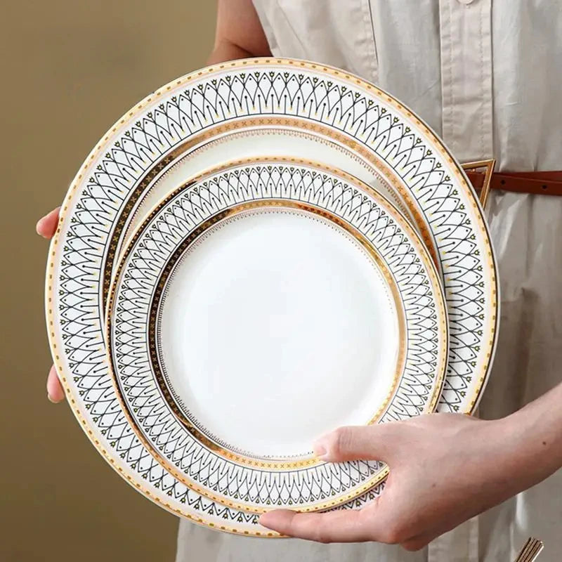 Ceramic European Style Dessert Plate With Gold Rim And Subtle Depth — White | KIMLUD