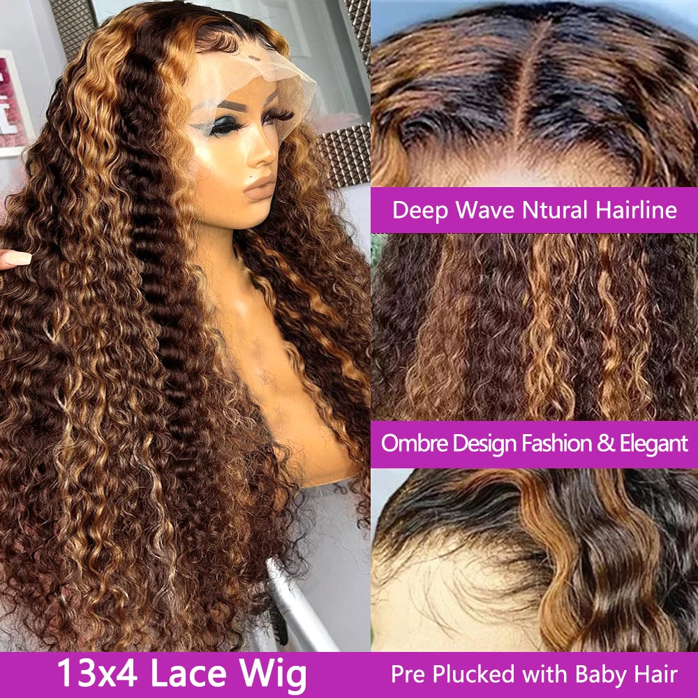 Lace Front Wig – 30 Inch – Deep Wave – Honey Brown Ombre | KIMLUD