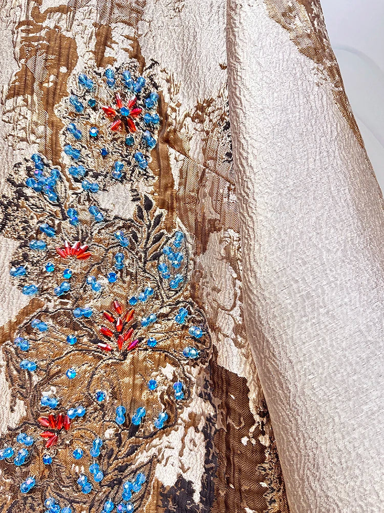 Luxury Jacquard Coat for Women Autumn Winter Vintage Gold Embroidery Beaded 3/4 Sleeve Loose Outerwear Elegant Retro Jacket