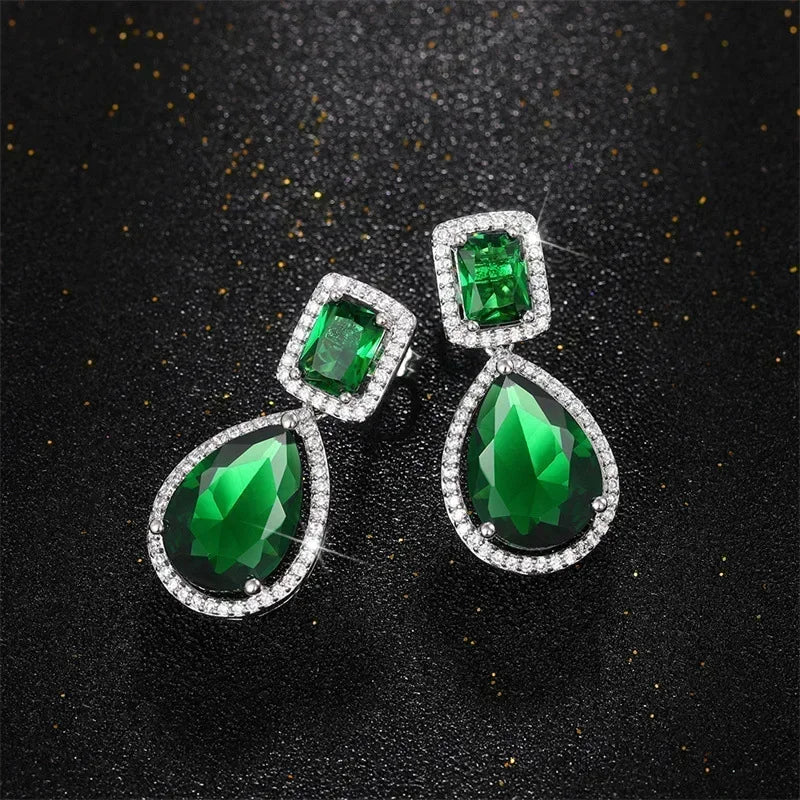 Cubic Zirconia Drop Earrings Water-Drop Inlaid — Emerald | KIMLUD