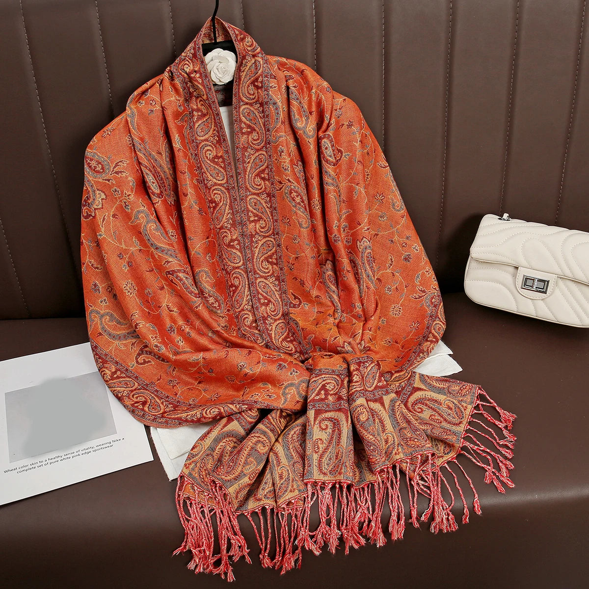 Cashmere Pashmina Shawl With Autumn Print Design, Olive Accents And Gold-Toned Fringe — Red | KIMLUD