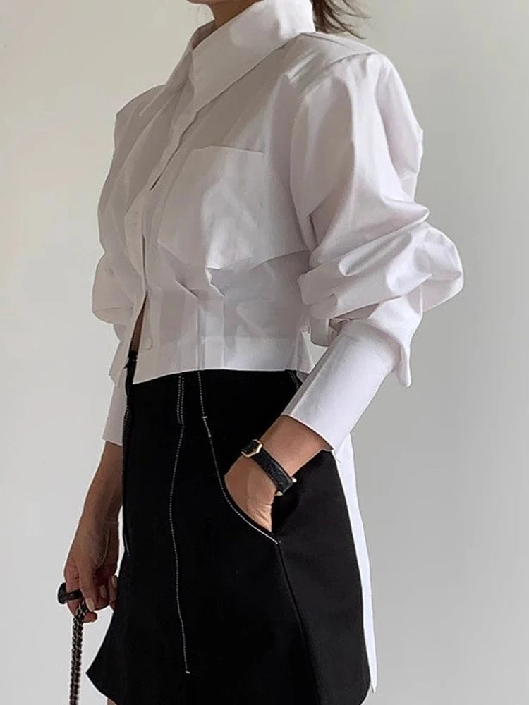 Cropped Cotton Shirt With Back Lace-Up Design And Hollow Out Detailing — White | KIMLUD