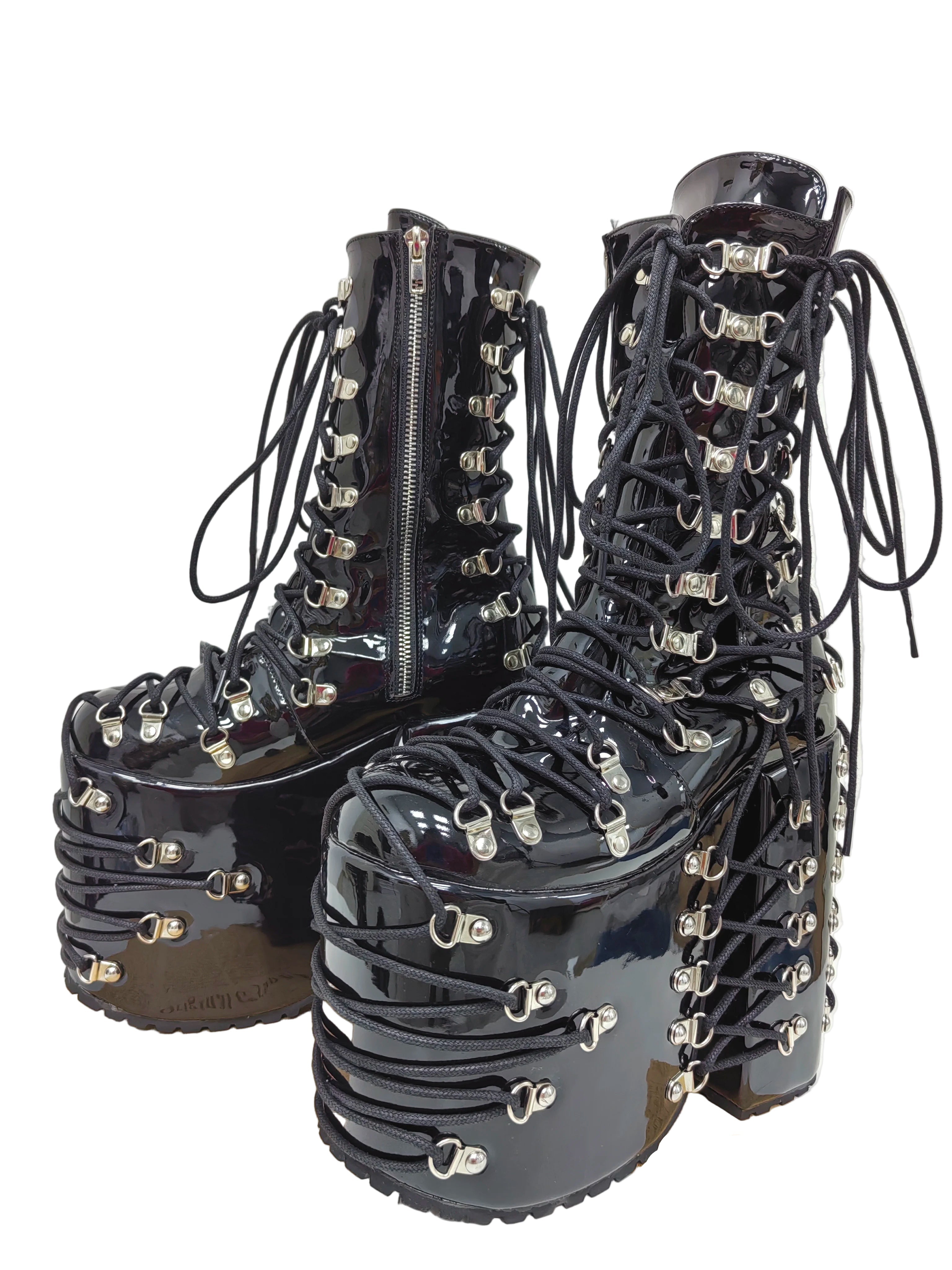 Women Wasteland thick sole punk black laser long Boots girl high wedges Heels pumps Lady party customized shoes buckles 33-50