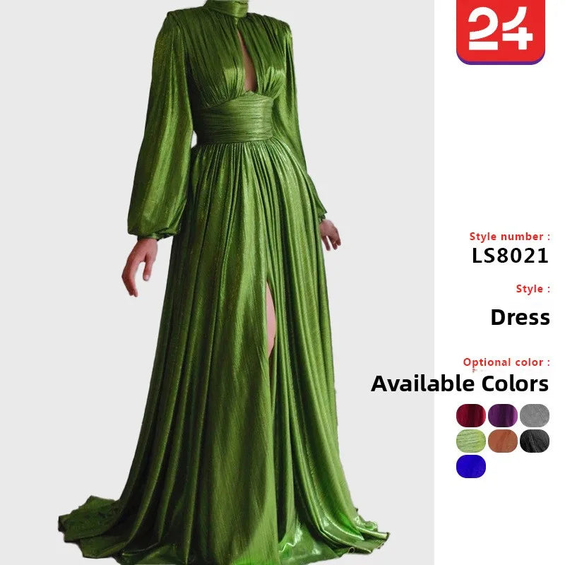 Satin-Effect Polyester Dress With Hanging-Neck — Avocado Green | KIMLUD