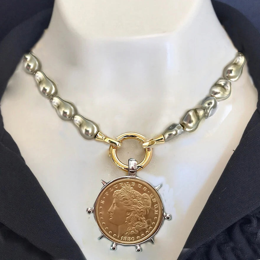 Imitation Pearl Coin Charm Necklace — Grey | KIMLUD