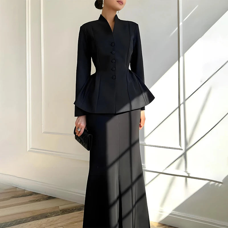 Solid Stand Collar Women Blazer Set Hip Package Slim Lady Long Skirts Sets 2025 Elegant Office Single-breasted Female Coat Suit