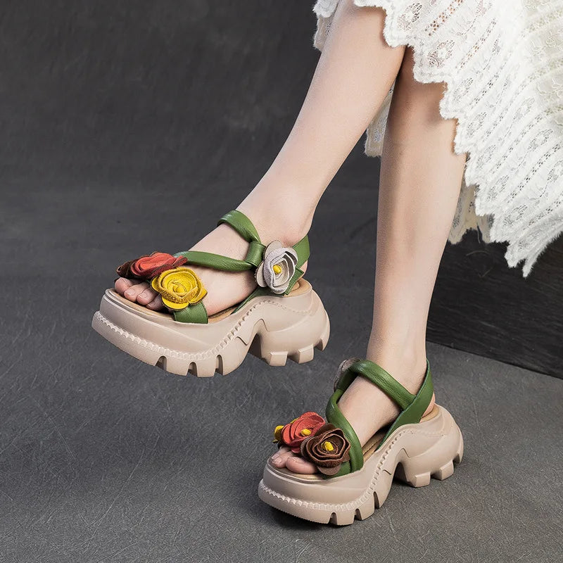 Koznoy 7cm Cow Genuine Leather Platform Wedge Women Summer Flower Slippers Pumps Hook Hollow Mary Jane Sandals Shoes Flats