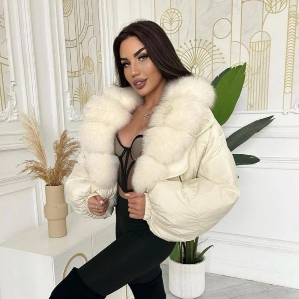 Down Coat – Real Fox Fur Trim – Duck Down – Natural | KIMLUD