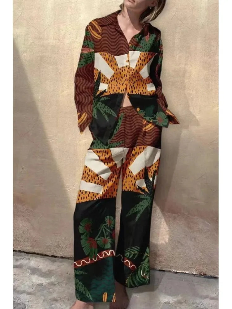 Two Piece Pant Set – Print Shirt and Wide Leg Pants – Broadcloth | KIMLUD