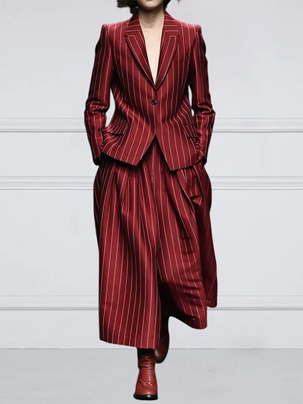 Two-Piece Striped Blazer and Wide-Leg Pant Suit – Blended | KIMLUD
