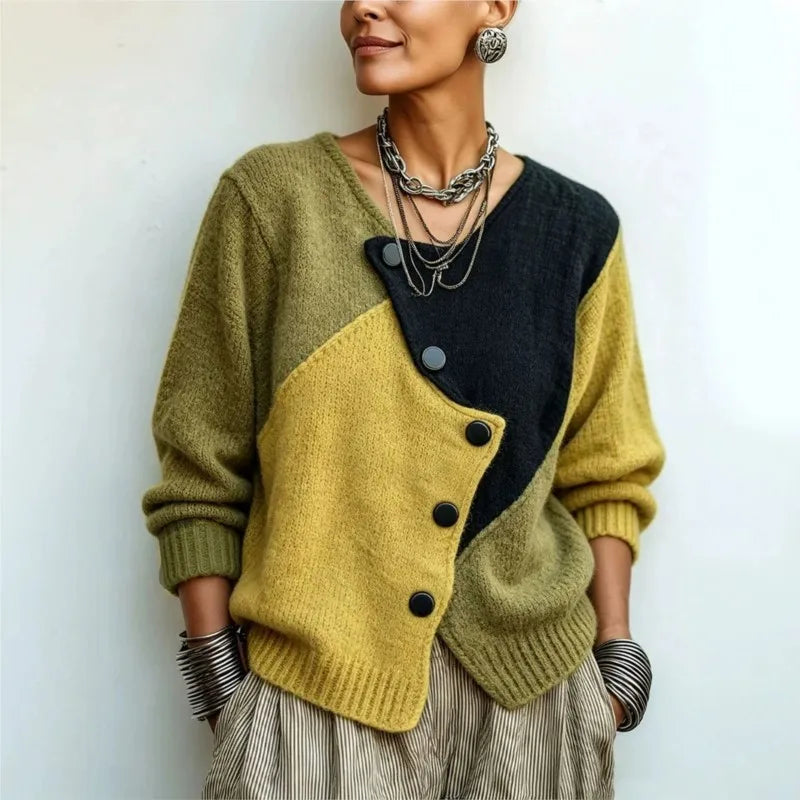 Patchwork Knit Cardigan – Asymmetric Button – Loose Long Sleeve | KIMLUD