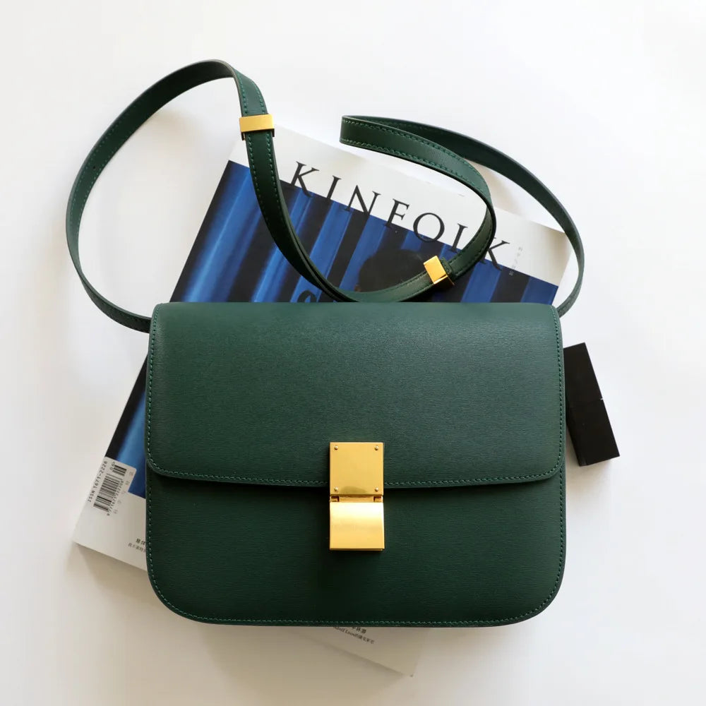 Split Leather Shoulder Bag Single Flap Lock — Black | KIMLUD