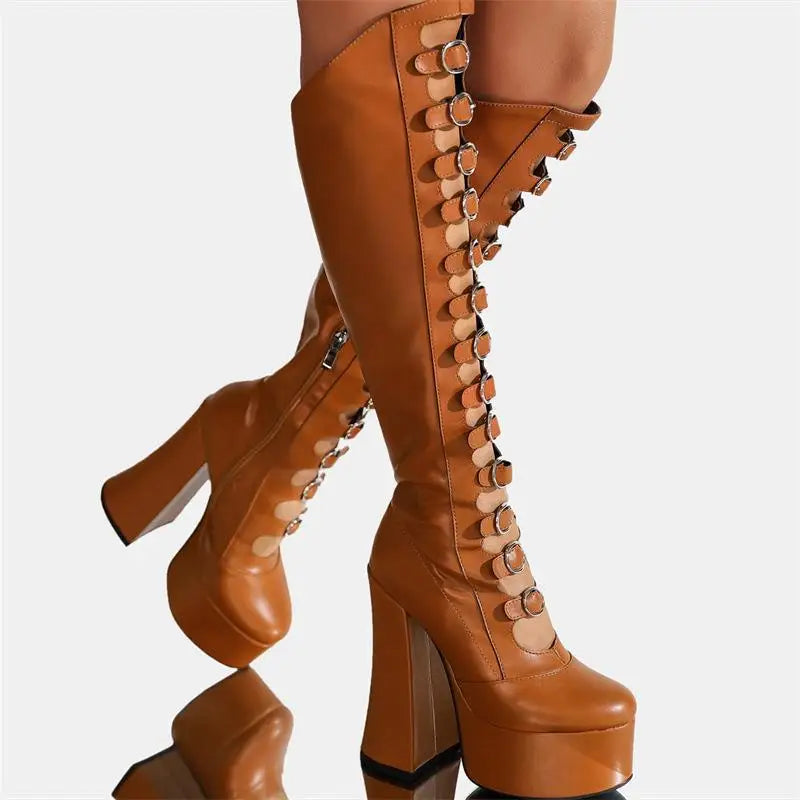 PU Knee-High Boots Side Zipper Square Heel Platform — Black | KIMLUD
