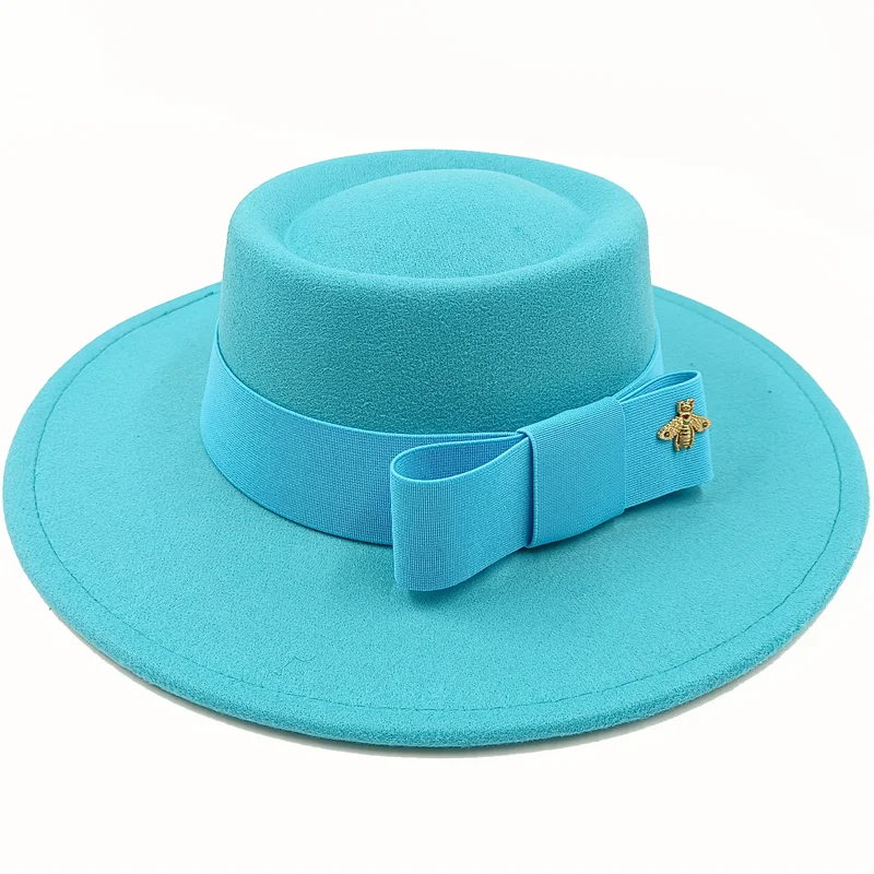 Wholesale Fedora hats Winter round concave convex surface flat top bow elastic ribbon men&#39;s and women&#39;s felt jazz hats Fedora - KIMLUD