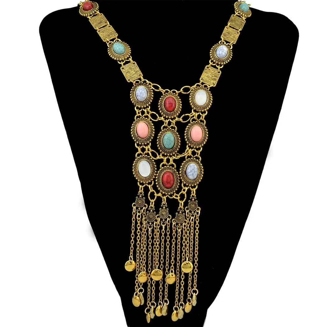 Pendant Necklace – Multi Layer Tassel Bell Turquoise Gemstone – Zinc Alloy | KIMLUD