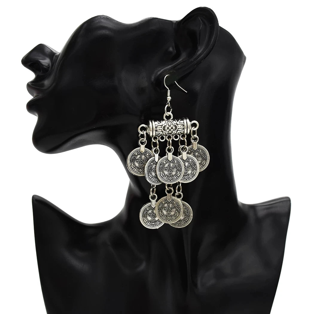 Afghan Bohemian Jewelry Set – Coin Tassel Necklace Earrings – Gold & Silver | KIMLUD