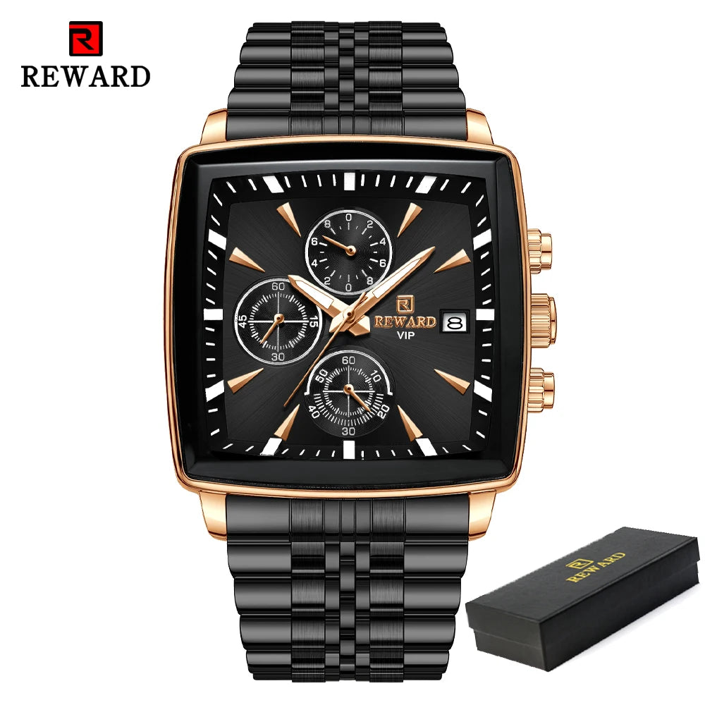 REWARD Fashion Square Dial Watch for Men Stainless Steel Waterproof Quartz Chronograph Mens Watches Luxury Sport Male Clock