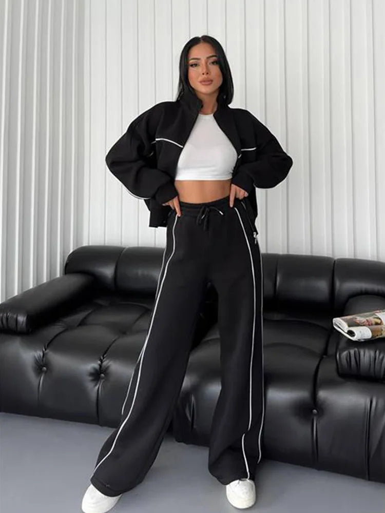 Two-Piece Tracksuit Cardigan Sweater And Trousers — Navy | KIMLUD