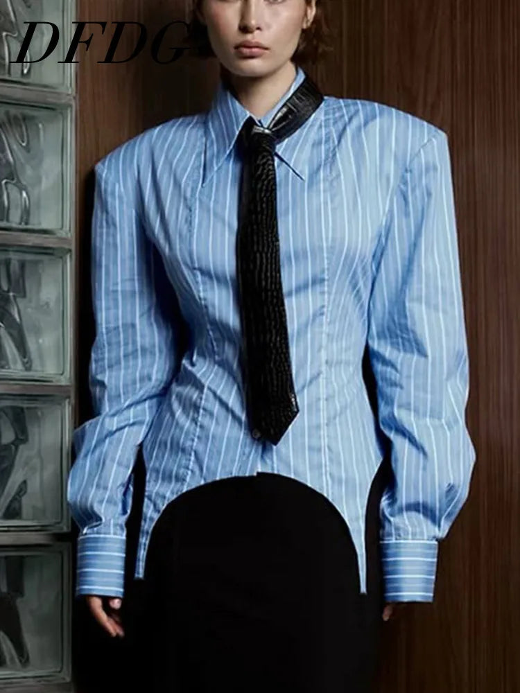 Polyester Striped Blouse Pointed Collar Long Sleeve — Blue Pinstripe | KIMLUD