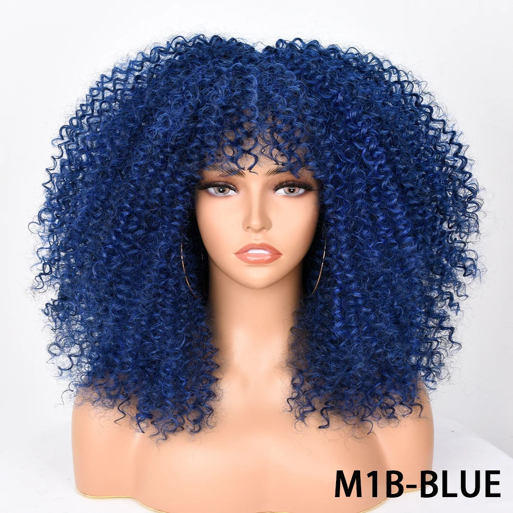 Afro Kinky Curly Hair Wigs With Bangs — Natural Brown Mixed | KIMLUD