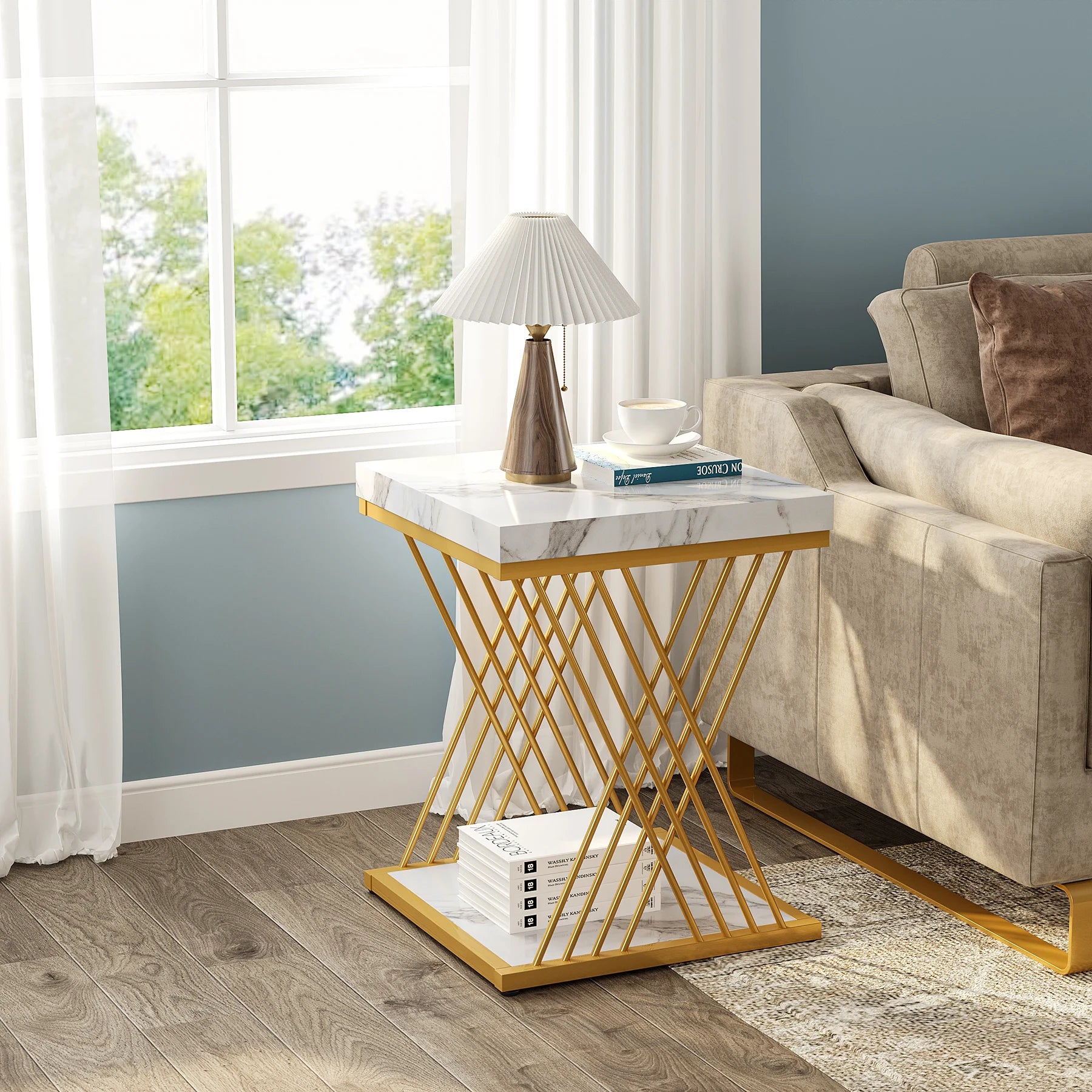 Tribesigns Square Side Table White Gold Side Table Set of 2, 2-Tier End Table Modern Bedside Table Small Side Table