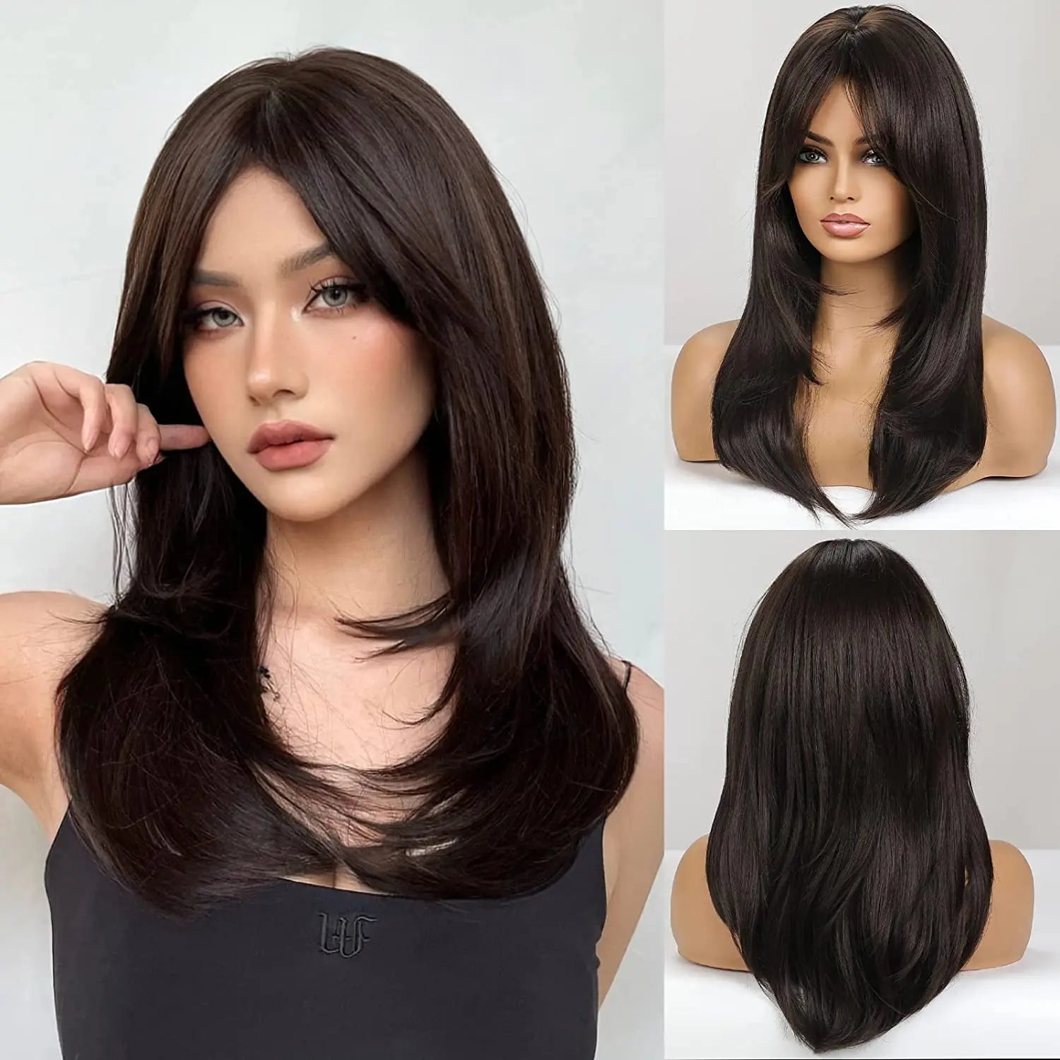 ALAN EATON Chestnut Brown Synthetic Wig with Bangs Long Straight Wig Natural Layered Hair Smooth Soft Daily Wig Heat Resistant