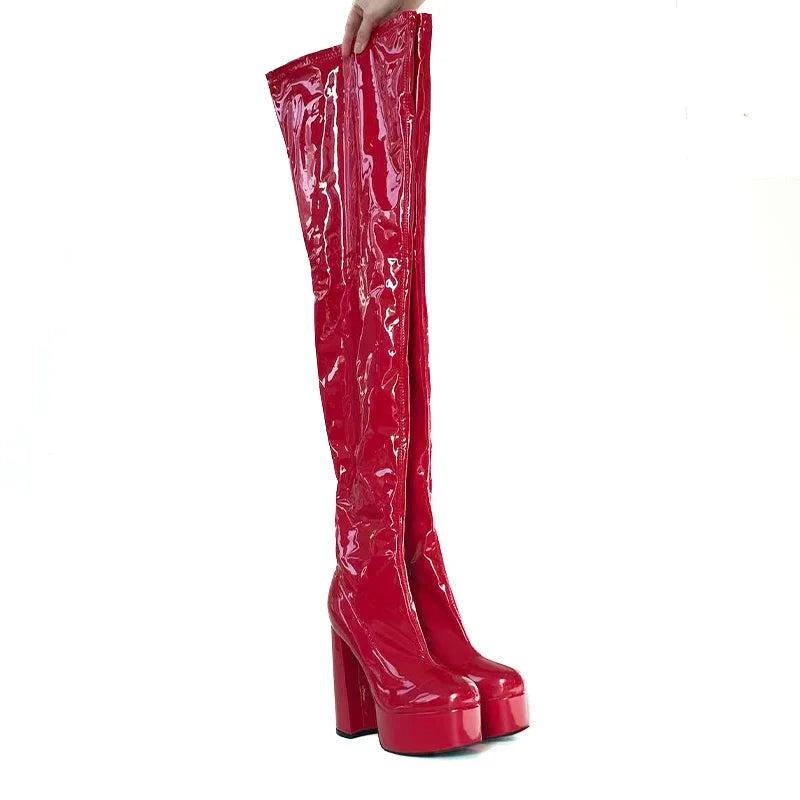 Over-the-Knee Boots – Stretch Patent – Black Burgundy | KIMLUD