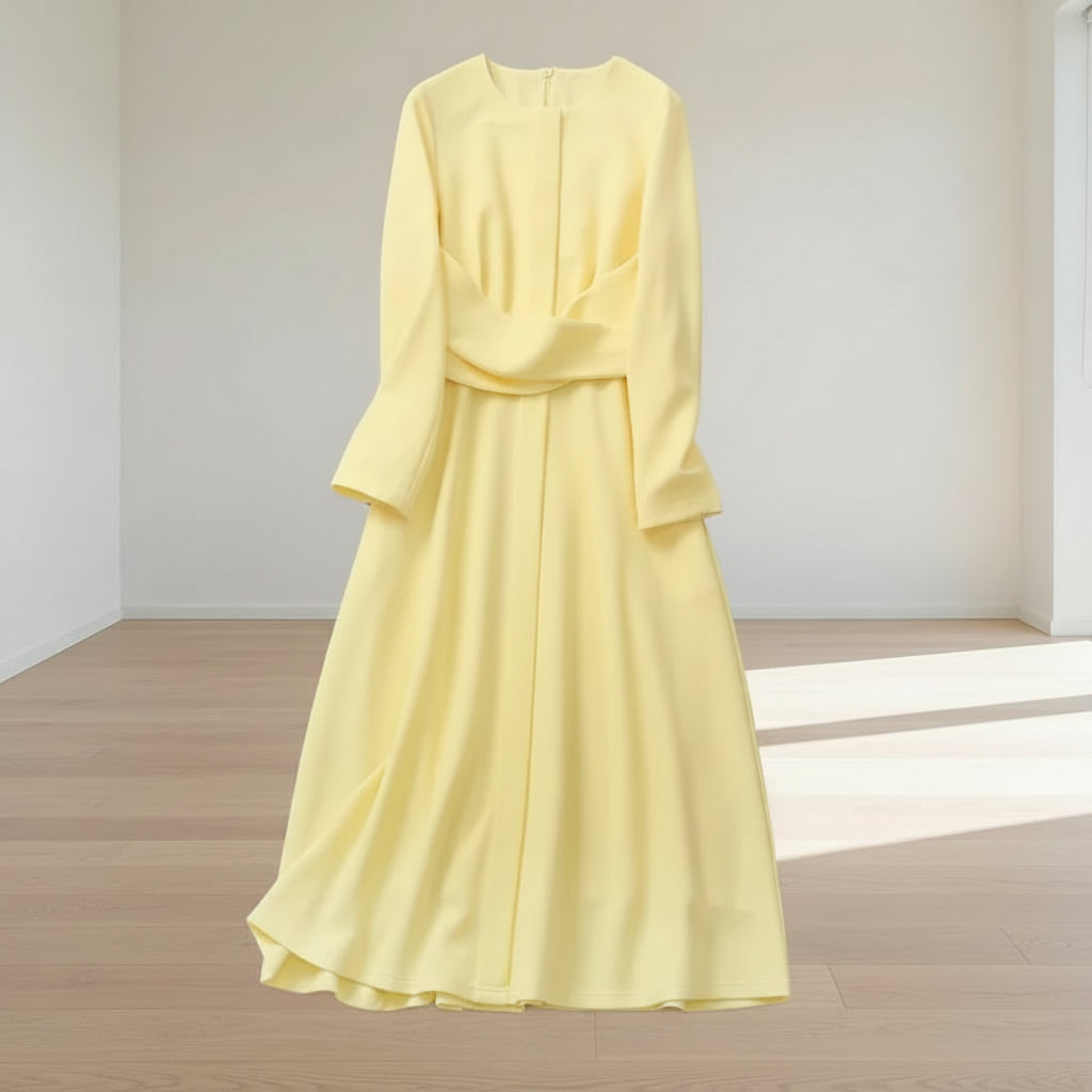 Pleated A-Line Dress Long Sleeve — Yellow | KIMLUD