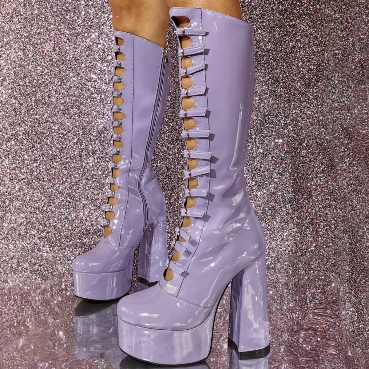 PU Knee-High Mary Jane Boots Belt Buckle Patchwork — Warm Tan | KIMLUD