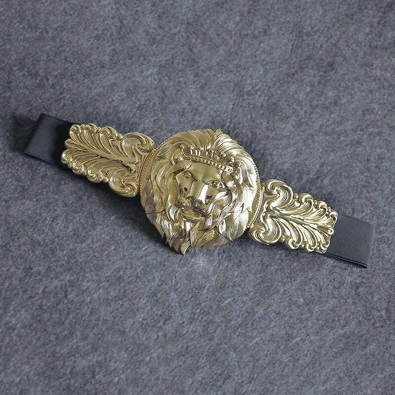 Golden Lion Head Women Girdle Metal Round Buckle Exaggeration Belt for Women's Black Waistband Gold Elastic Waist Seal