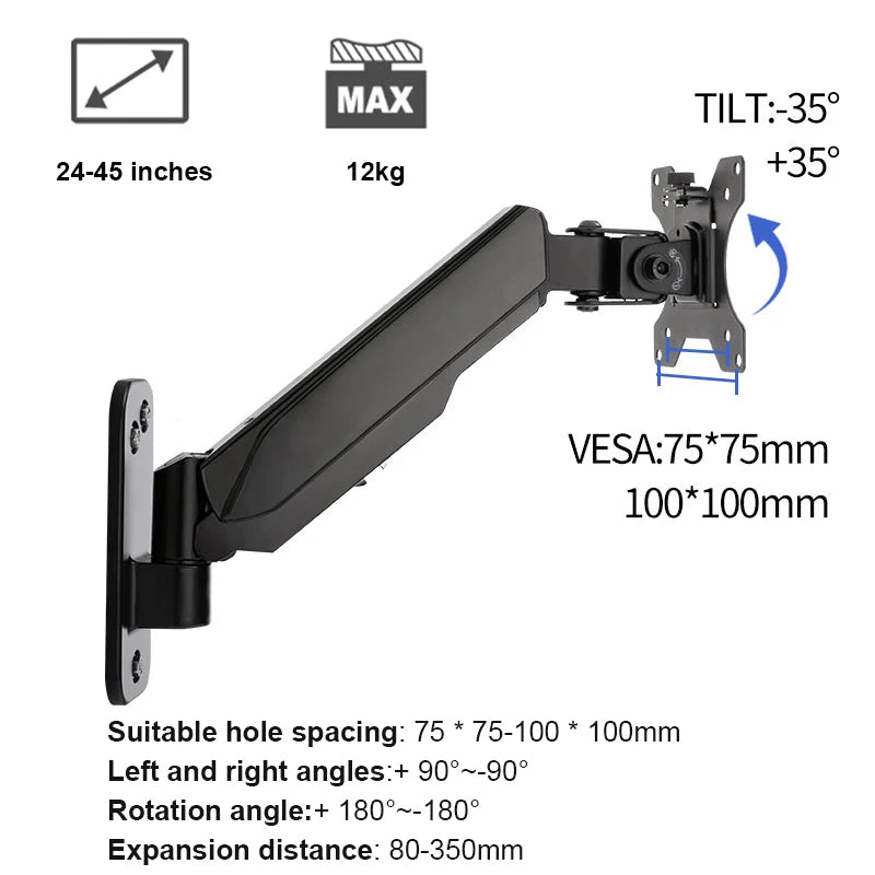 Wall Mount Swivel Tilt Rotation Full Motion Adjustable Articulating for Most 24-45" LED, LCD Monitor Wall Mount VESA 100x100mm