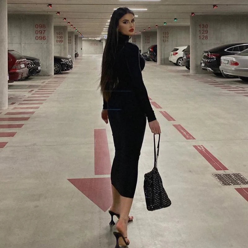 Hugcitar Women Fashion Turtleneck Long Sleeves Black Sexy Bodycon Maxi Prom Dress Fall Casual Clothes Streetwear Party Festival