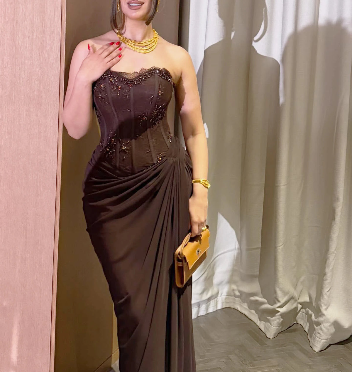 Mermaid Evening Dress – Strapless Corset – Chiffon – Brown | KIMLUD