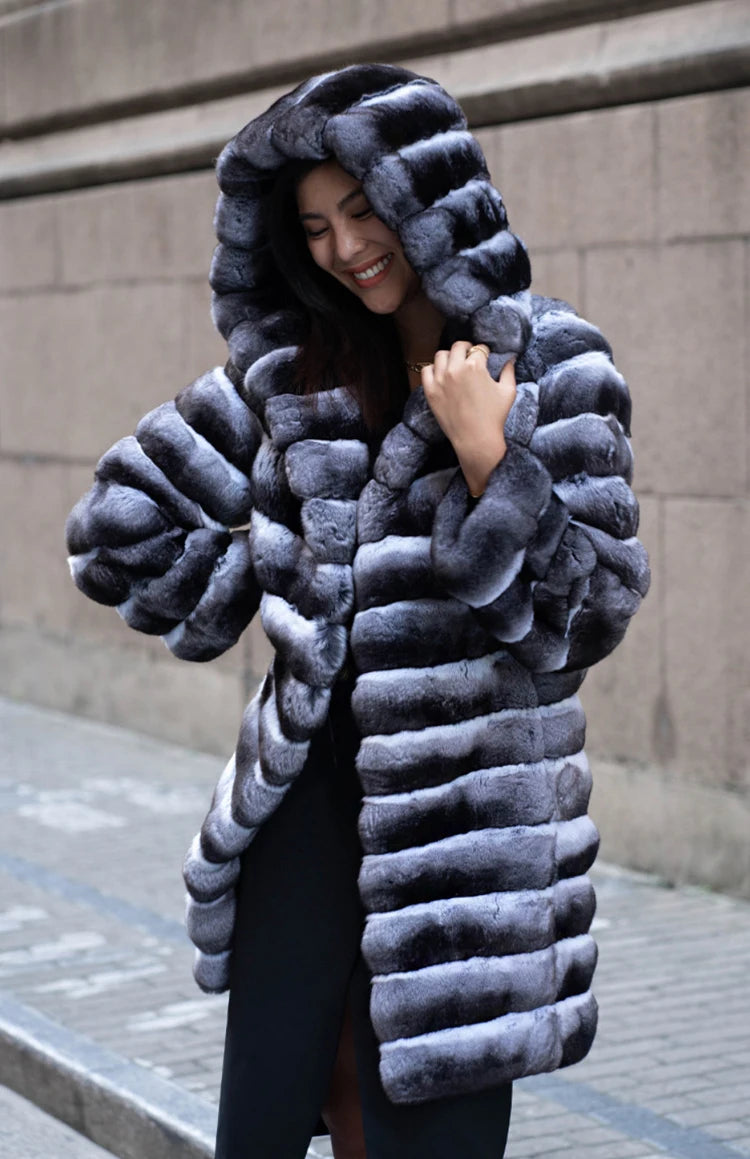 Women's fur coat winter warm mink coat casual mid-length thick hooded trench coat