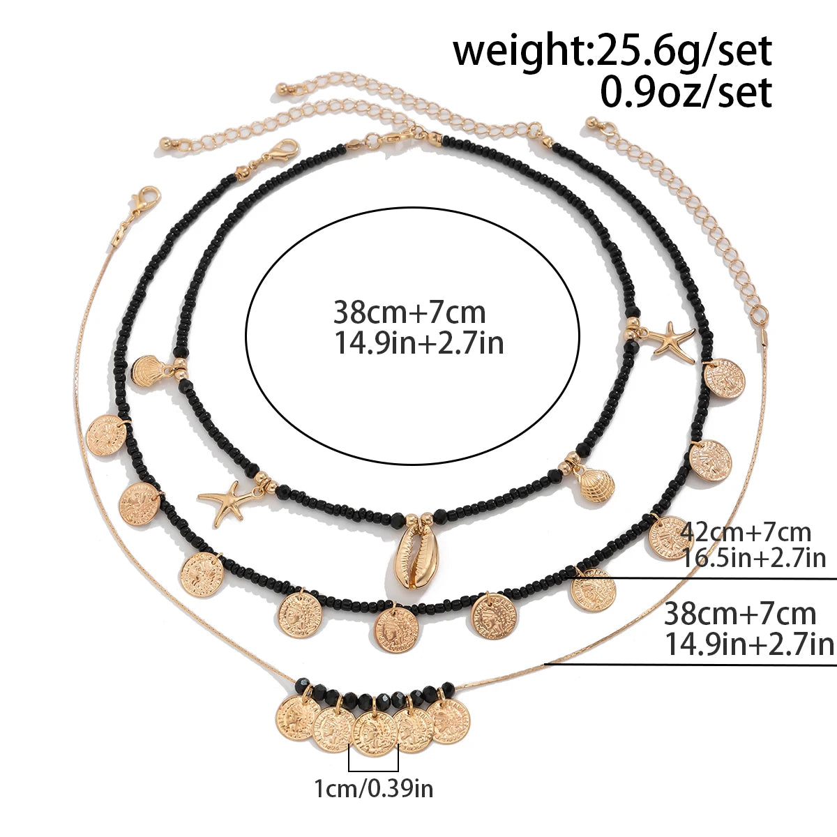 Ingemark 3Pcs/Set Boho Black Seed Beads Chain Necklace for Women Goth Starfish Conch Coin Pendant Choker Y2K Neck Jewelry Gift