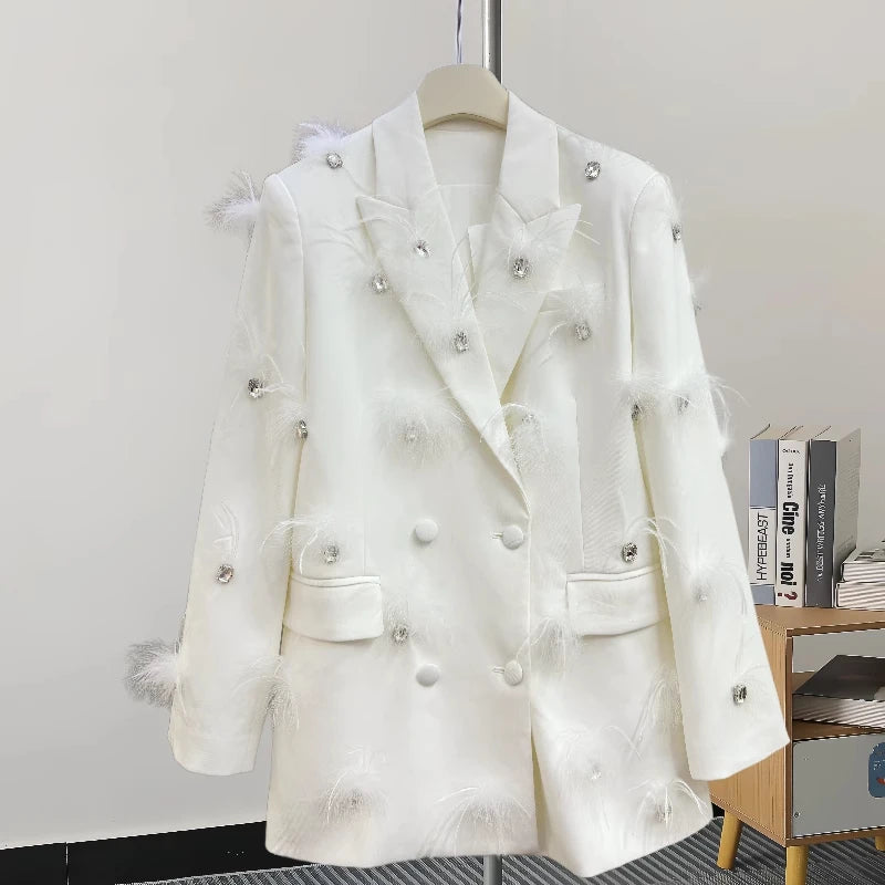 Luxury feather Faux diamond blazer Women 2025 New Double breasted rhinestones jacket High quality Loose Lady suit INKEO 4O089