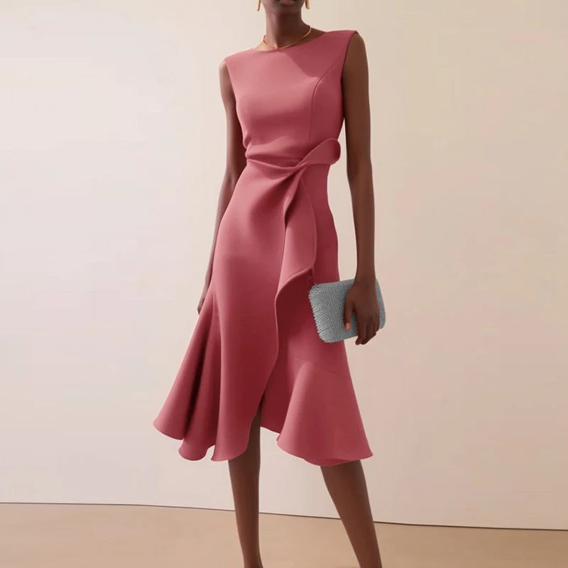 O-Neck A-Line Dress With Knot And Ruffle — Pink | KIMLUD
