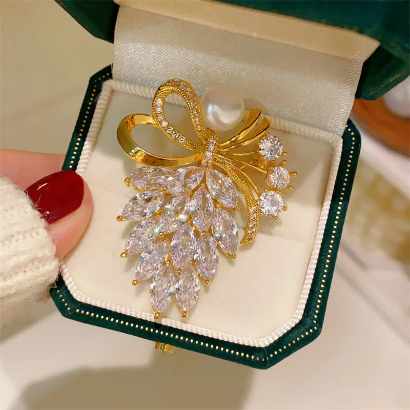 Gold-Tone Ribbon Bow Brooch With Faux Pearl Accent — Gold | KIMLUD