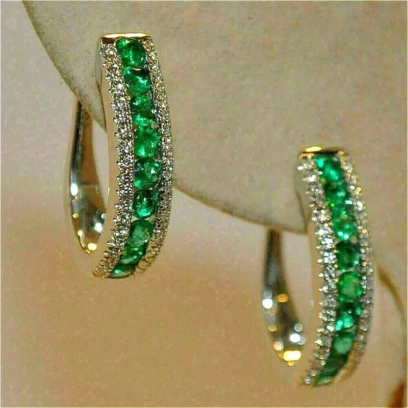 Cubic Zirconia Hoop Earrings Inlaid — Green | KIMLUD
