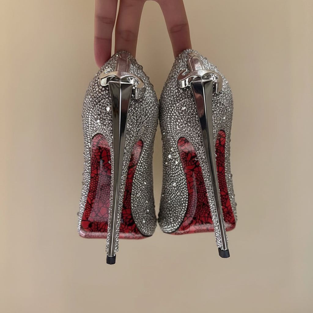 Leather Pumps With Metal High Heels Metal-Embellished Shaft Sculpted Pointed Toe — Gold | KIMLUD