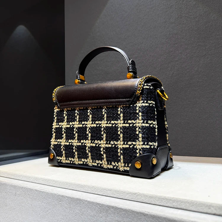 Leather Plaid Structured Crossbody Box Bag — Black | KIMLUD