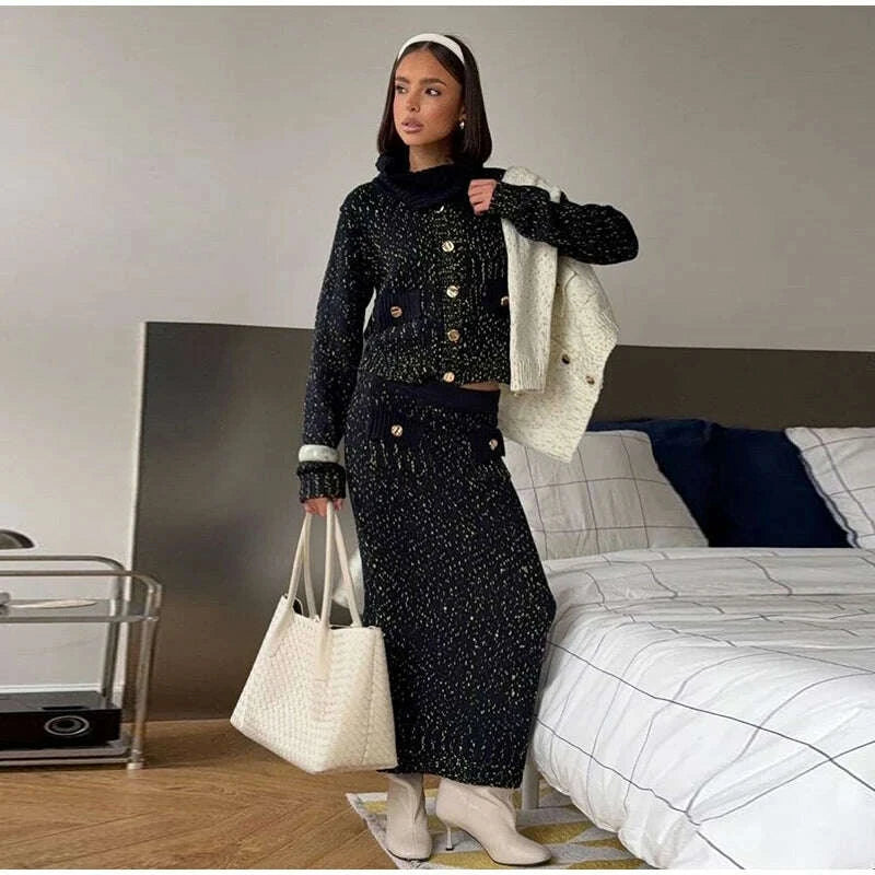 Fashion Knitted Long Skirts Sets Women Lapel Full Sleeve Single Breasted Sweater Hip Package Slim Skirt 2026 Spring Lady Outfits