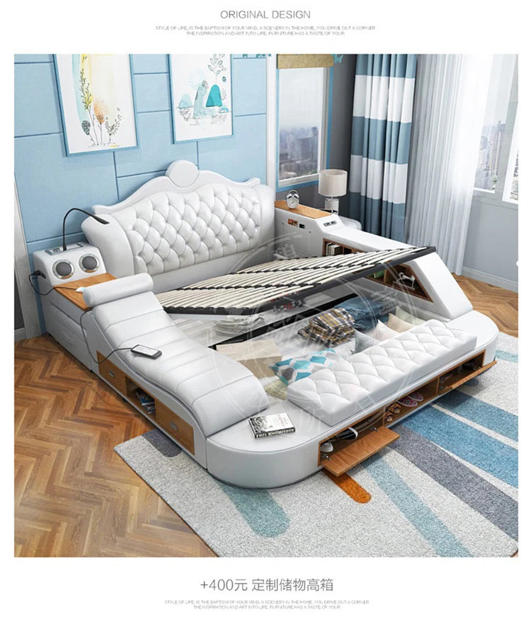 Solid Wood Headboard Storage Bed With Drawers — Ivory White | KIMLUD